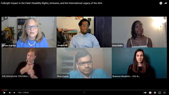 Image of virtual Fulbright in the Field panel discussion moderated by Arlene Kanter with panelists Istou Diallo, Joseph Hill, and Pintu Kumar.