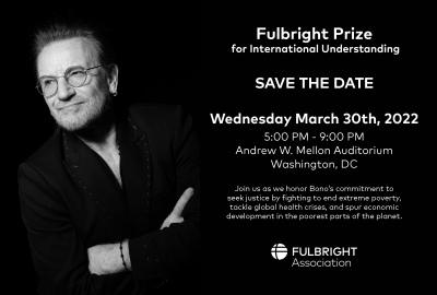 Save the date image of Bono with details of the March 31, 2022, Awards Ceremony